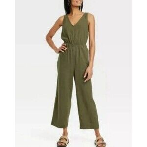 Women's Linen V-Neck Jumpsuit - Universal Thread - Olive Green - Size XS